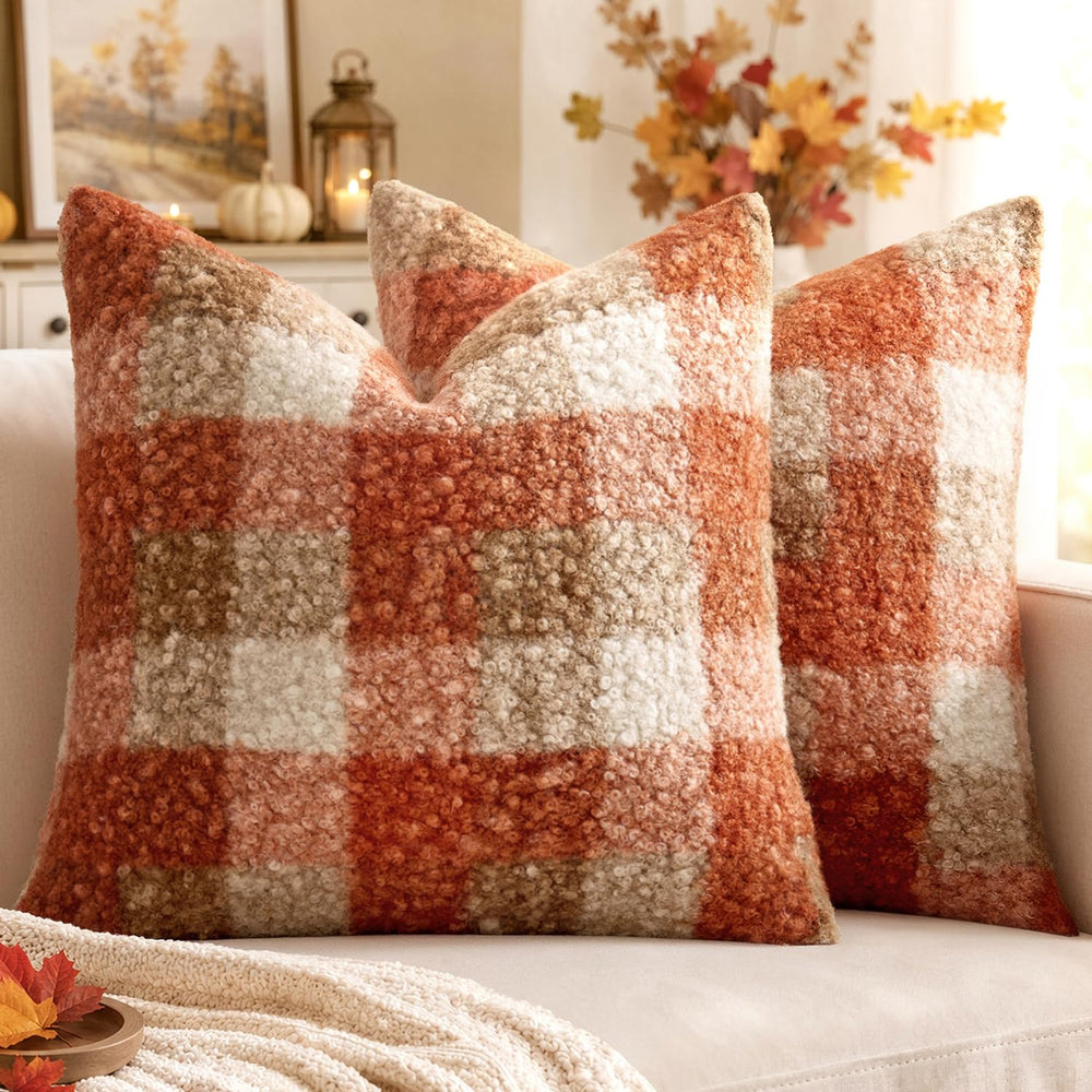 MIULEE front view of orange plaid covers showing autumn warmth