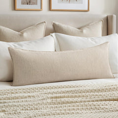 MIULEE front view of linen lumbar cover showing neutral beige and shape benefit: versatile styling