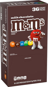 M&M's front packaging showing 36-count bulk box for easy stocking