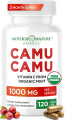 Mother Nature Organics front packaging showing organic camu camu capsules and benefits