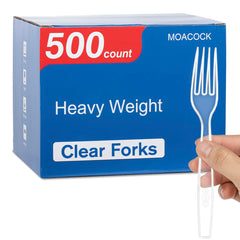 MOACOCK front packaging showing 500-count clear forks and value