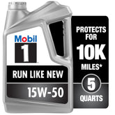 Mobil 1 15W-50 front label showing product identity and benefits