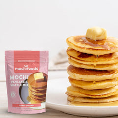 Bowl of prepared mochi pancake batter by Mochi Foods showing smooth texture and easy mixing