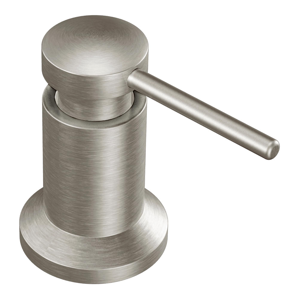 Moen 3942SRS front view showing sleek pump and spot-resistant finish for cleaner appearance