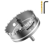 Mollom front packaging showing hole saw and included pilot bits for easy identification