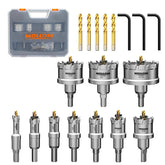 Mollom hole saw set front view showing all sizes and included accessories for quick selection