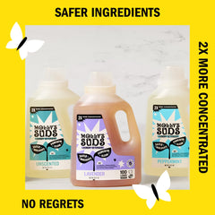 Molly's Suds bottle beside an HE washer showing machine compatibility and ease