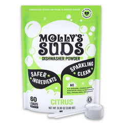 Molly's Suds front packaging showing citrus powder and label benefits