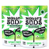 Molly's Suds front packaging showing two active wear detergent bags and benefits