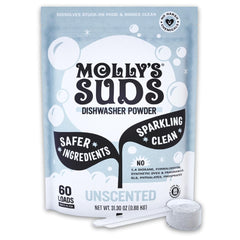 Molly's Suds front packaging showing unscented dishwasher powder and benefits