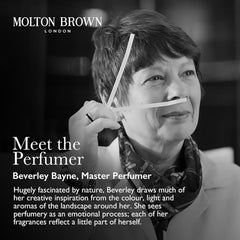 Molton Brown bottle recyclable plastic label highlighting sustainable packaging benefit