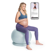 Momcozy birthing ball front packaging showing complete set and benefit of ready-to-use