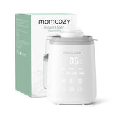 Momcozy bottle warmer front view showing compact safe design and quick warming benefit