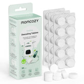 Momcozy front packaging showing 30 descaling tablets and clear benefits