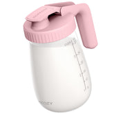 Momcozy front view of 32oz glass pitcher showing capacity and pink accents for organized storage