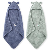 Momcozy hooded towel front folded showing soft blue fabric and cozy hood