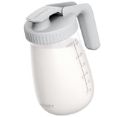 Momcozy front view of 32oz glass pitcher showing label and capacity benefit