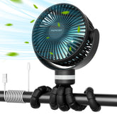 Momcozy front view showing fan and packaging, highlights portability and battery life