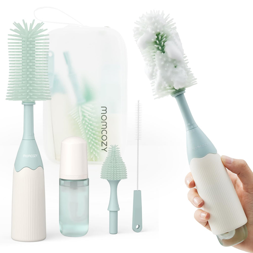 Momcozy front view of green brush kit showing components and pouch, cleans efficiently