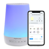 Momcozy front view showing white noise machine and night light benefit: soothing sleep