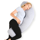 Momcozy J-shaped pillow front view showing full-body support