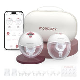Momcozy M5 front packaging in cozy red showing compact double pump — promotes portability