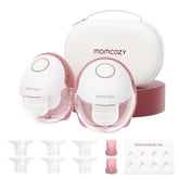 Momcozy M6 front view showing Cozy Red wearable pump, promotes discreet pumping