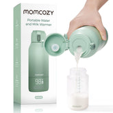 Momcozy front view showing compact cordless warmer and easy carrying benefit