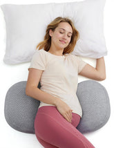 Momcozy front view of W-shaped pregnancy pillow showing full support and comfort