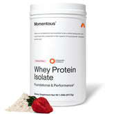 Momentous front packaging showing strawberry flavor and NSF seal for trusted quality