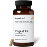 Momentous bottle front view showing Tongkat Ali, clear product information and benefit