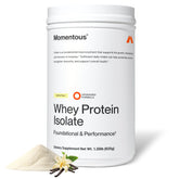 Momentous front label showing vanilla whey isolate and benefits