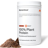 Momentous front packaging showing chocolate vegan protein and clear label benefit