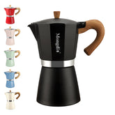 Mongdio black moka pot front view showing compact design and fast brewing benefit