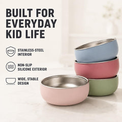 Monkey Proof top-down view of a filled bowl demonstrating easy scooping and toddler-friendly wide rim