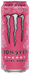 Monster Ultra Rosa open can with poured splash, demonstrates easy drinking refreshment