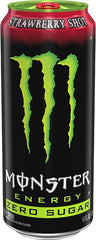 Monster Zero Sugar Strawberry can in outdoor setting suggesting energy boost for active moments