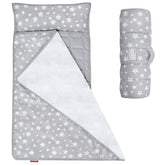 Moonsea front view of grey nap mat set showing blanket and pillow for cozy rest