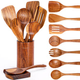 Mooues front view of full 9-piece teak utensil set showing neat storage