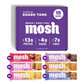 MOSH front packaging variety pack showing 15-count and branding for convenient snacking