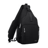 MOSISO front view of sling backpack showing organized pockets and quick access