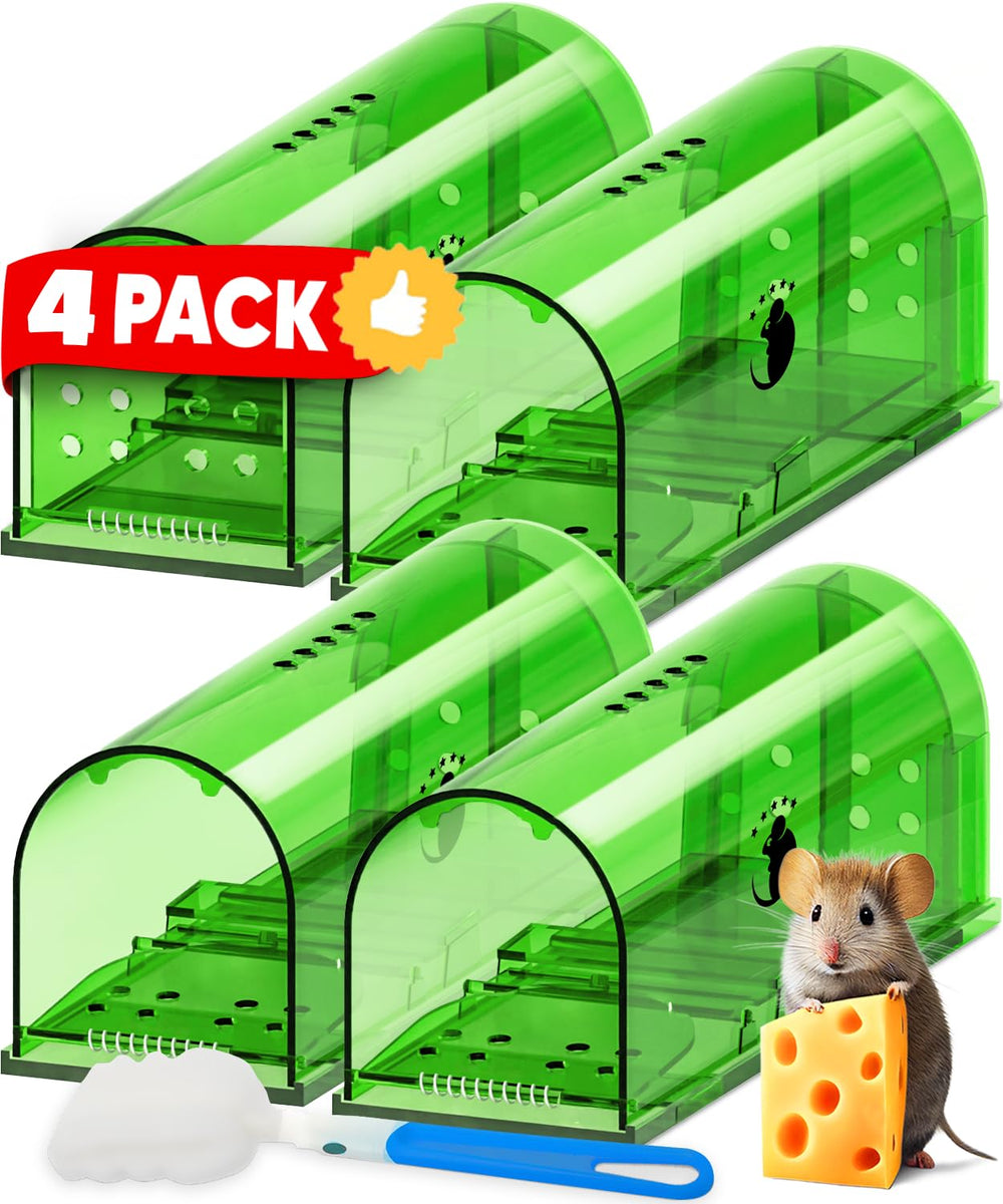 Motel Mouse front packaging showing four humane live-catch traps and benefits