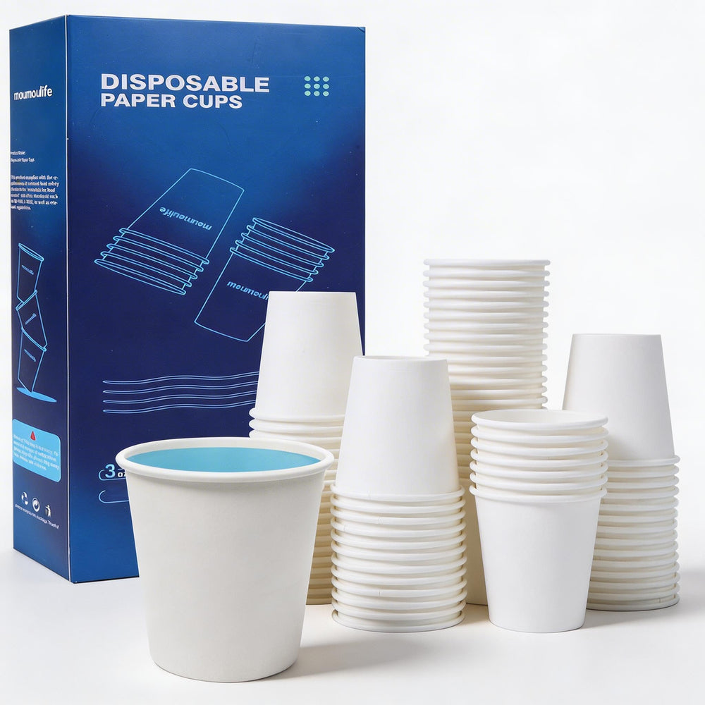 MOUMOULIFE front packaging showing 500-count white mini cups for hygiene