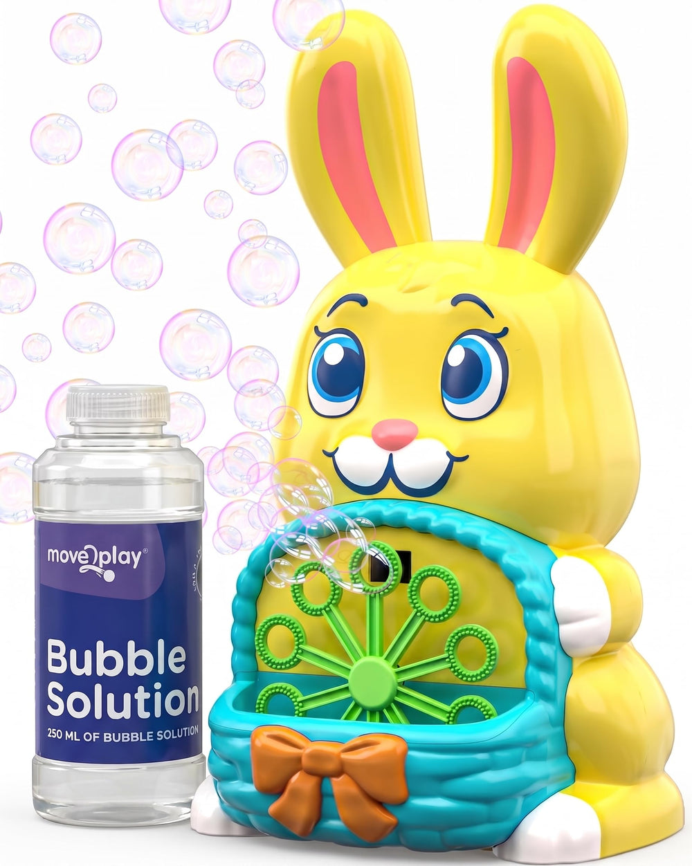 Move2Play bunny front view showing colorful design and easy start button for instant play