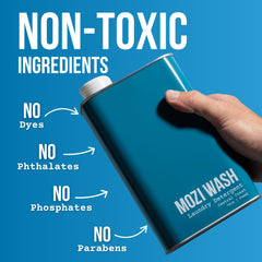 Mozi Wash 32 oz next to common items showing size and long-lasting value