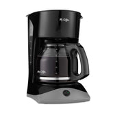 Mr. Coffee front view of black coffee maker showing compact design and reliable brewing