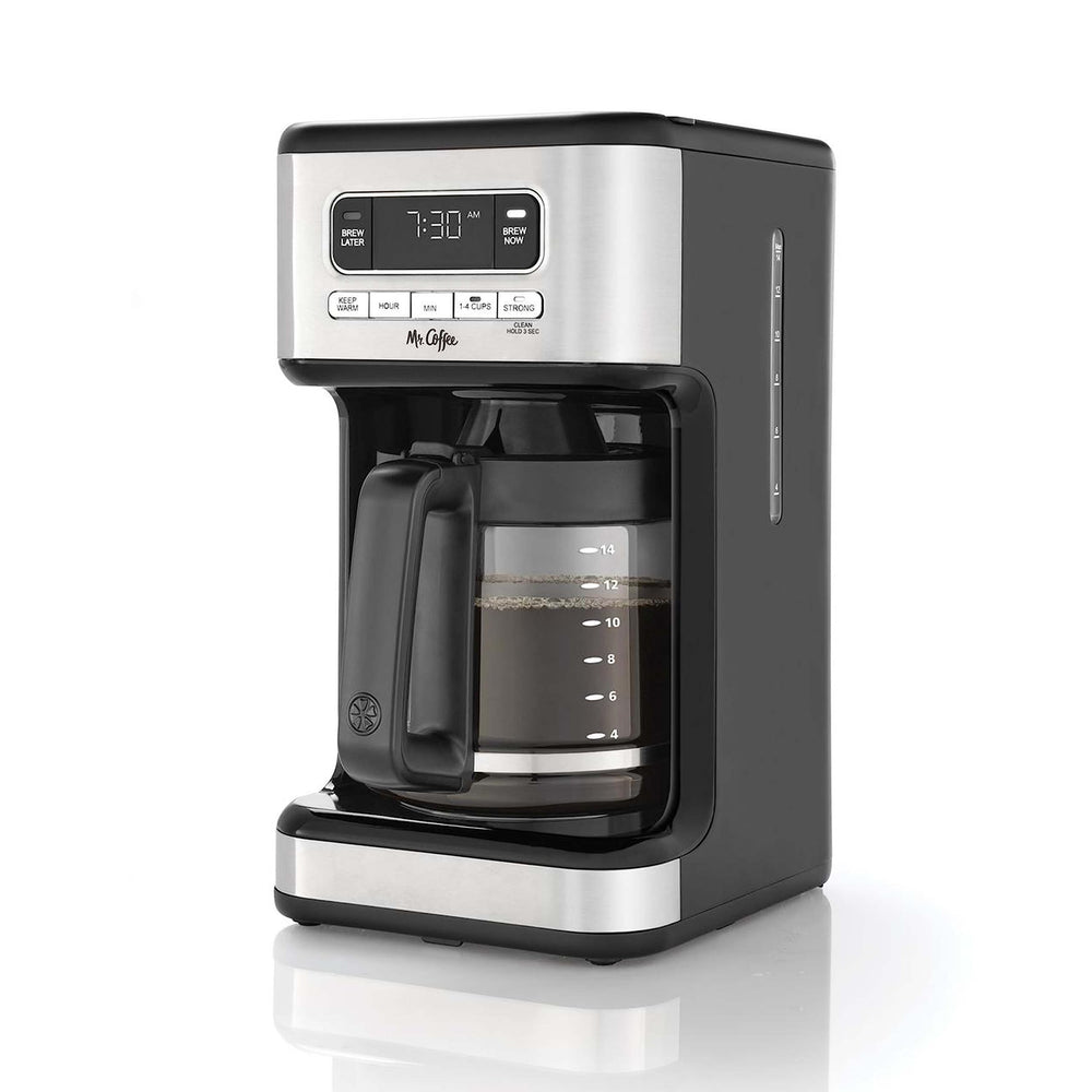 Mr. Coffee front view stainless brewer showing carafe and buttons for convenience