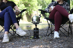 Mr. Heater Fuel Keg attached to a camp stove demonstrating reliable portable cooking