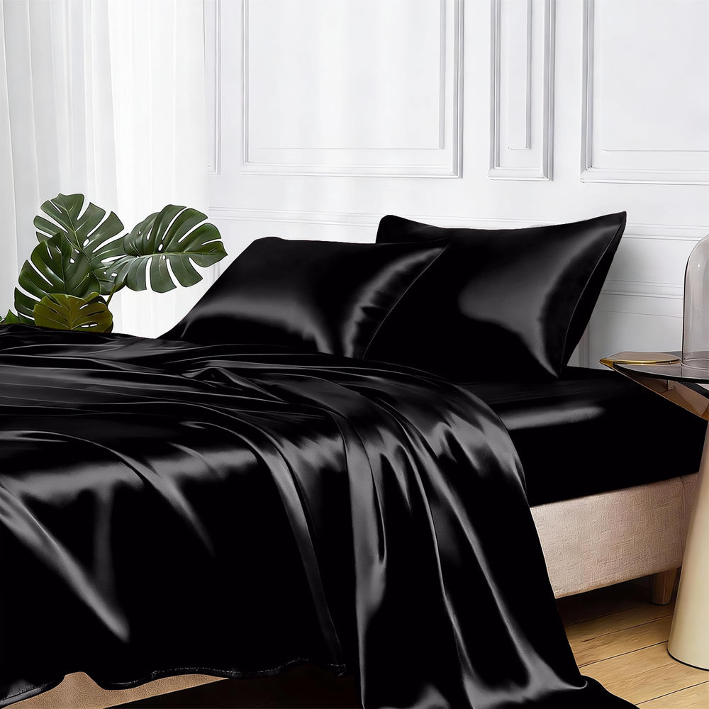 MR&HM front view of Twin XL satin sheet set, luxury look and fit