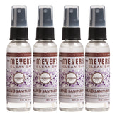 Mrs. Meyer's lavender hand sanitizer front packaging showing four small spray bottles and label benefit